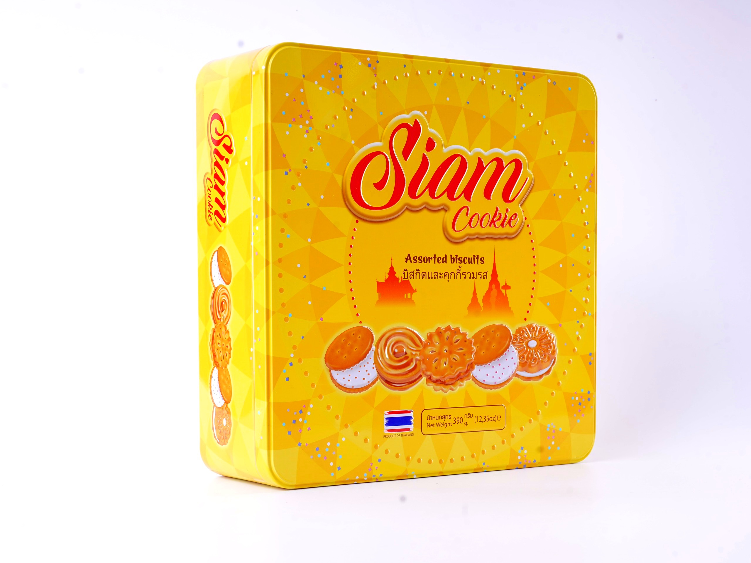Bánh quy Siam mix các vị 390g - Hộp thiếc vuông màu vàng